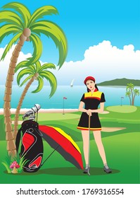 Golf course by the sea and beautiful golfer