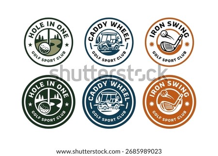 Golf course, caddy wheels, iron swing badge bundle. Retro golf sport emblem set with course, caddy cart, ball. Golfing tournament explorer patch pack. Rustic golfer sticker. Vector illustration