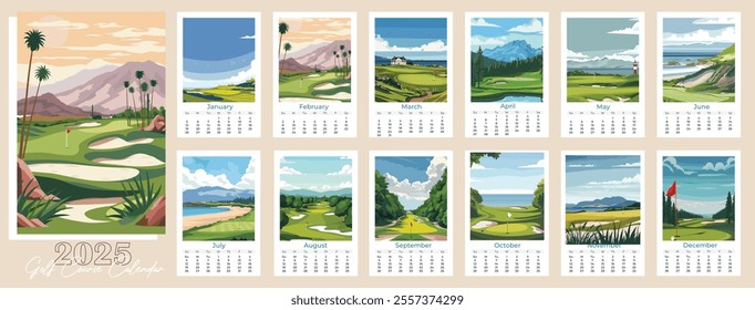 Golf Course Calendar 2025. Vector Illustration, Modern Wall Art Prints for Poster, Flyer, Invitation, Ticket, or Background