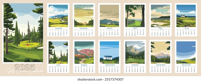 Golf Course Calendar 2025. Vector Illustration, Modern Wall Art Prints for Poster, Flyer, Invitation, Ticket, or Background