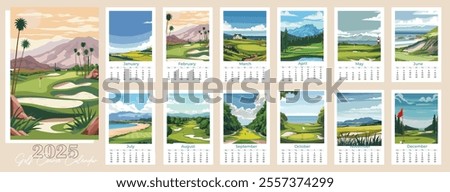 Golf Course Calendar 2025. Vector Illustration, Modern Wall Art Prints for Poster, Flyer, Invitation, Ticket, or Background