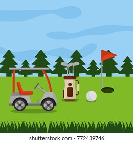 golf course car sport bag clubs ball hole flag pine trees