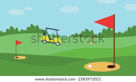 Golf course with cart and flags. Golf hole with red flag on green grass. Banner, beautiful summer Green landscape, cartoon vector background