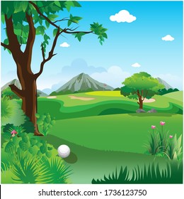 Golf course for challenging golfers Surrounded by sfady nature. Illustration of a golf course as a background.