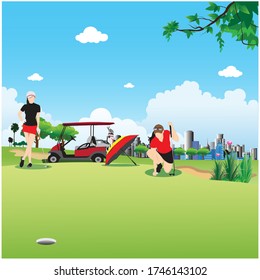 Golf course for challenging golfers Surrounded by sfady nature. Illustration of a golf course as a background.