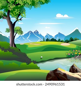 Golf course for challenging golfers Surrounded by sfady nature. Illustration of a golf course as a background.