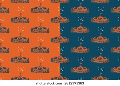 Golf course clubhouse pattern on orange blue background set for merch. Country club with crossed golf clubs hand drawn seamless pattern background. Golf clubhouse vintage engraved motif wallpaper