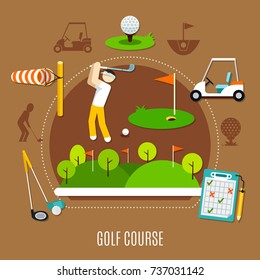 Golf course composition with player in swing stance, game field with flags on brown background vector illustration
