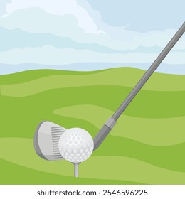 Concepto de campo de golf club de golf y pelota en césped verde. Ilustración vectorial