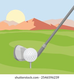 Concepto de campo de golf club de golf y pelota en césped verde. Ilustración vectorial