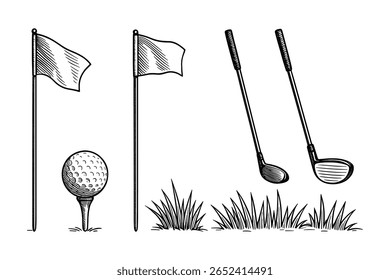 Golf Course Elements, Flag, Golf Ball, Golf Clubs, Grass, Black and White Sketch