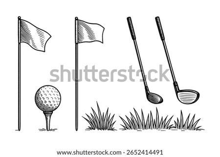 Golf Course Elements, Flag, Golf Ball, Golf Clubs, Grass, Black and White Sketch