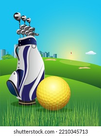 Golf course and equipment vector illustration.