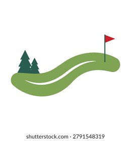 Golf course fairway with trees and flag on green grass golfing landscape