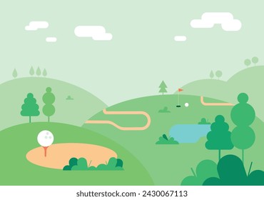 Golf course field background. The ball resting on the golf tee and the hole flag visible in the distance. cute flat vector illustration.