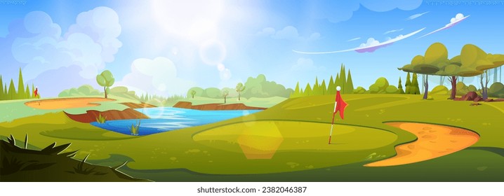 Golf course field green landscape scene background. Flag in summer club with sand and river water. Golfcourse hill for sports panoramic greenery banner with tree nature and shining sun in blue sky.