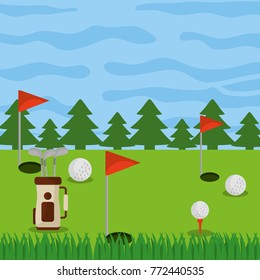 golf course field holes flag ball and bag clubs