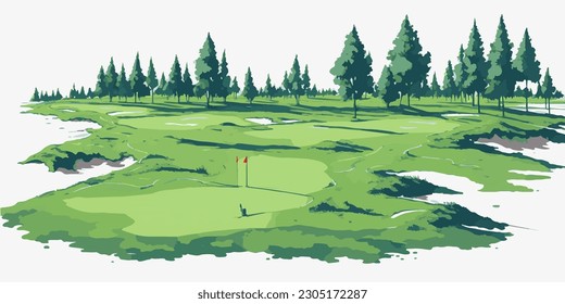 Golf course, golf field watercolor, panorama of golf course