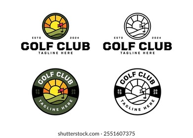 golf course, flag, hole with sunset line art illustration logo design. golf field, hole, flag with sunset, sunburst circle badge logo design set for golfer, golf club sport and tournament