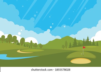Golf course with flags, sand bunker and greens.