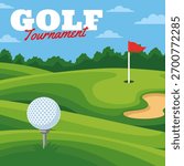 Golf course flat design with green field, sand trap, ball and flag hole illustration. Outdoor golf landscape with sand bunker, flag, ball, tee vector for tournament poster, banner, social media
