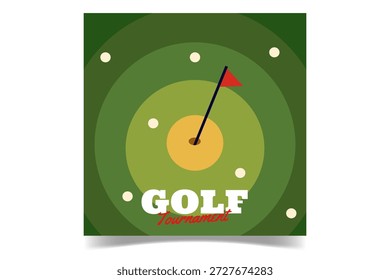 Volante del campo de golf con el objetivo, hierba verde, bandera, agujero e ilustración de las bolas. Anuncio de torneo de golf con vista superior del agujero, campo, palo de la bandera, Vector de las bolas