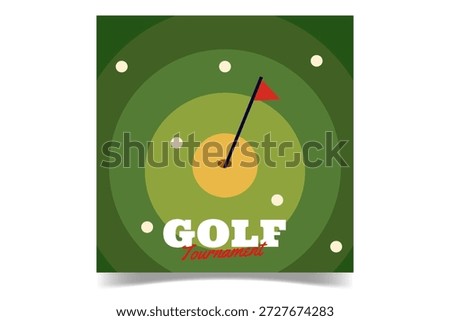 Golf course flyer with target, green grass, flag, hole and balls illustration. Golf tournament banner with hole top view, field, flag stick, balls vector