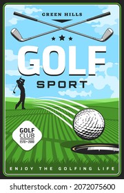 Golf course with golfer and clubs retro poster. Vector golf sport player hitting ball with wedge or driver, green grass play field and hole, sporting competition and championship tournament invitation