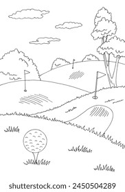 Golf course graphic black white landscape vertical sketch illustration vector 