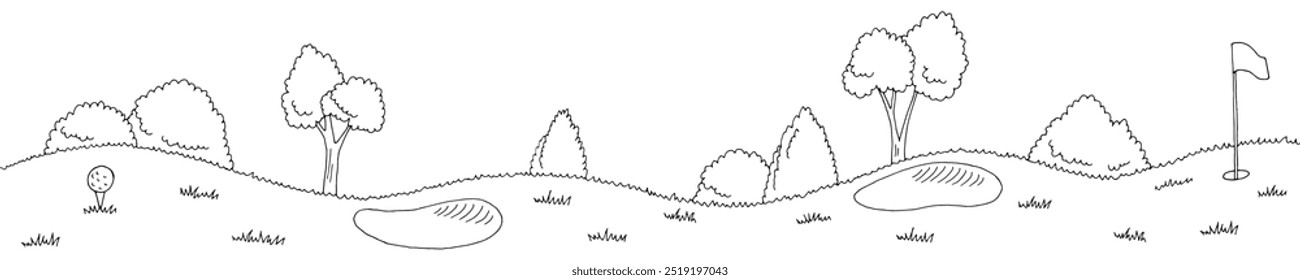 Campo de golfe gráfico preto branco paisagem longo esboço ilustração vetor 