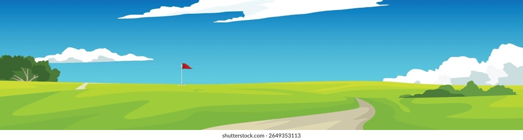 Golf course grassland landscape poster. Golf hole with flagpole on hill. Winding dirt road through bright green landscape with hills. Empty background of mountains and blue sky with white clouds.
