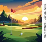 Golf course green with flag and ball at sunset golf ball