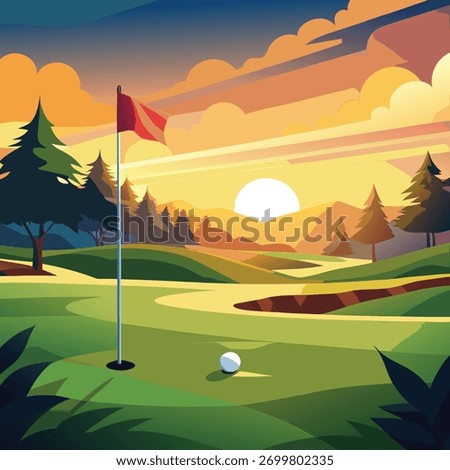Golf course green with flag and ball at sunset golf ball