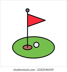 Campo de golf verde con bandera o emblstick y bola de golf ilustración vectorial plana en fondo blanco