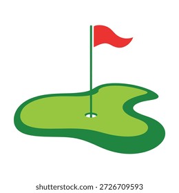 Campo de golf verde con bandera y todo el icono de deportes al aire libre y actividades de ocio