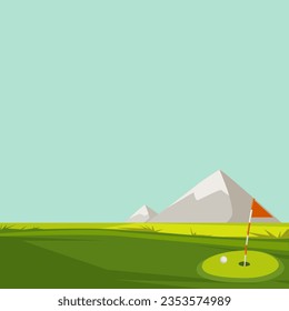 Golf course with green grass and the mountain. Golf course vector illustration. Flat style.