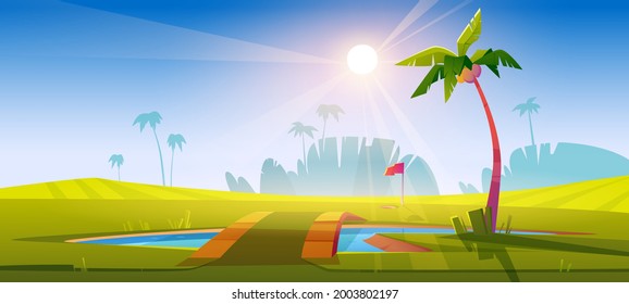 Campo de golf con césped verde, estanque con puentes y palmeras. Caricatura vectorial paisaje tropical de campo deportivo con agujero para la pelota de golf, polo con bandera roja y lago