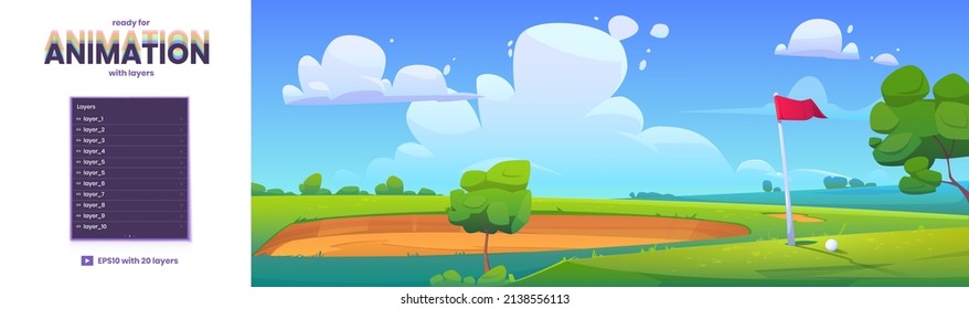Golf course with green grass, sand bunker, red flag and white ball. Vector parallax background ready for 2d animation with cartoon summer landscape of sport field for golf