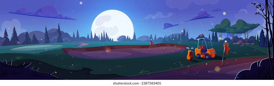 Golf course with green grass surface, sandy areas at night under fool moon light. Cartoon twilight vector landscape of empty golfcourse yard with buggy cart and putters near hole with pin flag.