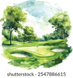 Golf Course Hand-Drawn Realistic Watercolor Illustration on White Background