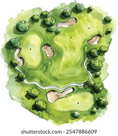 Golf Course Hand-Drawn Realistic Watercolor Illustration on White Background