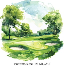 Campo de golfe ilustração de aquarela realística desenhada à mão sobre fundo branco