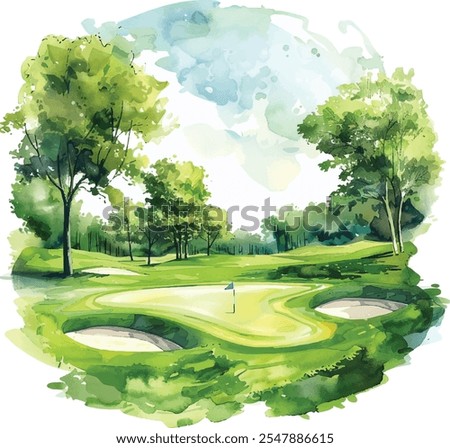 Golf Course Hand-Drawn Realistic Watercolor Illustration on White Background