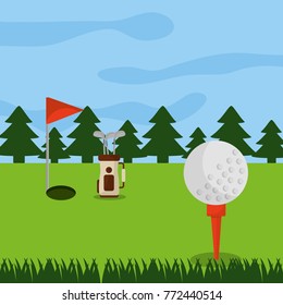 golf course hole flag ball and pine tree forest