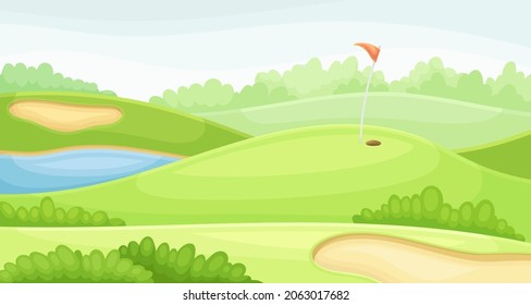 Golf course with hole, red flag and sand traps. Green summer countryside beautiful landscape vector illustration