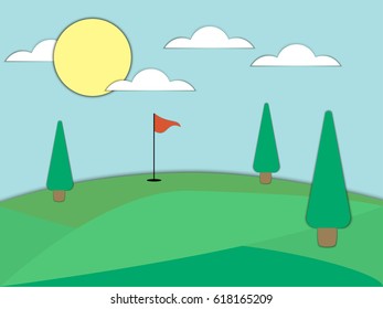 Golf course with a hole and a red flag. Paper art. Landscape with green fields and trees. Sunny day. Vector illustration