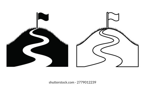 Golf course hole with winding path black and white silhouette