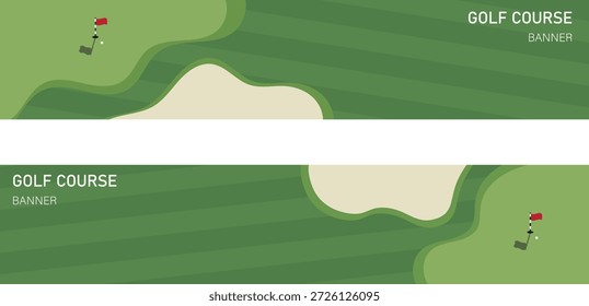 Banner horizontal do campo de golfe definido com ilustração verde da via navegável e do bunker de areia. Vista de cima plana paisagem mostrando colocando verde e bandeira. Design de cabeçalho de esportes para eventos de golfe, torneios, sites e promoções.