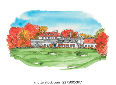 Golf course hotel in autumn, fall. Links, trees, pitch, course. Watercolor sketch illustration. Isolated vector.