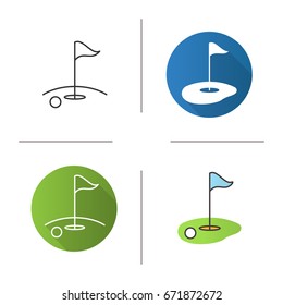 Golf course icon. Flat design, linear and color styles. Golf flagstick in hole with ball. Isolated vector illustrations